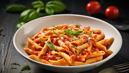 Italian food penne pasta with tomato sauce on stone background plate top view