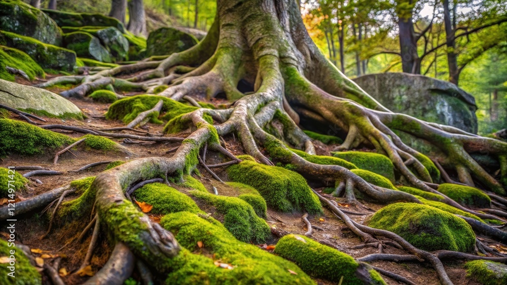 A close-up of tree roots and branches in a rocky terrain with moss and lichen, wilderness atmosphere, earthy tones, forest-inspired decor A close-up of tree roots and branches in a rocky terrain with moss and lichen, wilderness atmosphere, earthy tones, forest-inspired decor