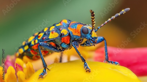 Vibrant Jewel Beetle on Flower photo