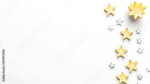 Obraz na płótnie Sliced star fruits and a whole fruit placed on a white background, showcasing their distinct star-shaped slices and fresh yellow color w salonie