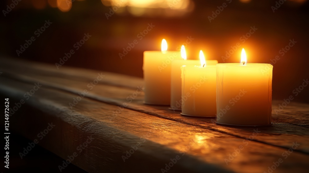 Four Burning Candles on Rustic Wooden Tabletop at Dusk
