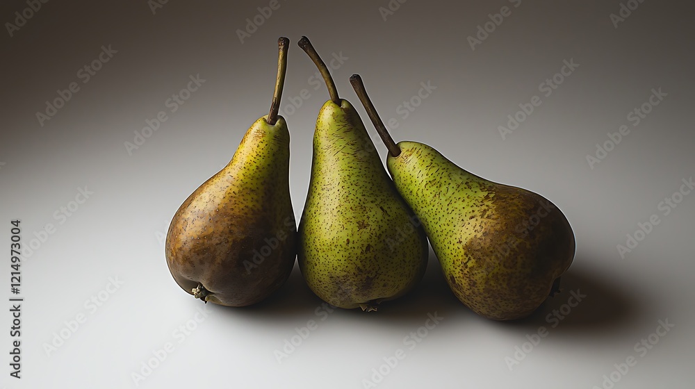 A cluster of fresh pears, with their distinct shapes and subtle green to yellow hues, arranged on a plain white surface for emphasis
