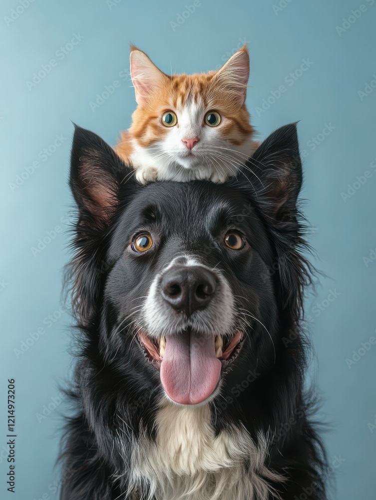 Adorable Border Collie Dog with Cute Orange and White Cat Sitting Playfully on Its Head Against a Light Blue Background Adorable Border Collie Dog with Cute Orange and White Cat Sitting Playfully on Its Head Against a Light Blue Background