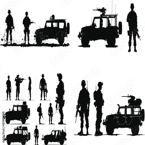 Soldier Silhouette Collection with Patriotic Elements, US Army Soldiers and Helicopters in Silhouette Art