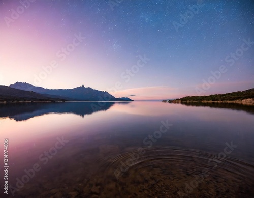 Ripples on Mirror-Like Lac de Codole in Corsica at Dawn with a Pink and Purple Star-Filled Sky photo