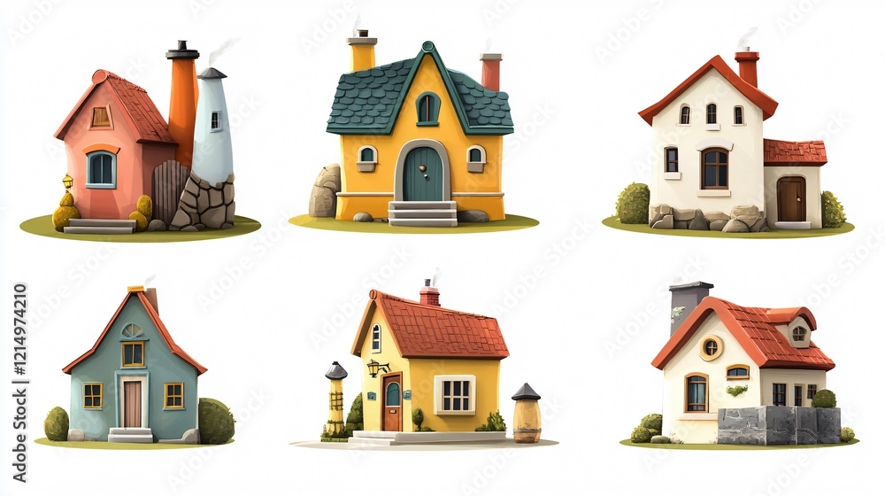 Vibrant Cartoon Houses on White Background