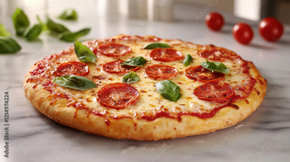 Traditional Italian pizza with a crispy crust, melted cheese, fresh basil, and sliced tomatoes on a marble countertop, emphasizing the art of pizza making for food photography Traditional Italian pizza with a crispy crust, melted cheese, fresh basil, and sliced tomatoes on a marble countertop, emphasizing the art of pizza making for food photography