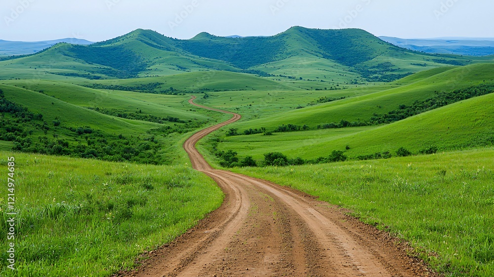 Winding road through green hills, scenic drive, summer landscape, travel photography Winding road through green hills, scenic drive, summer landscape, travel photography