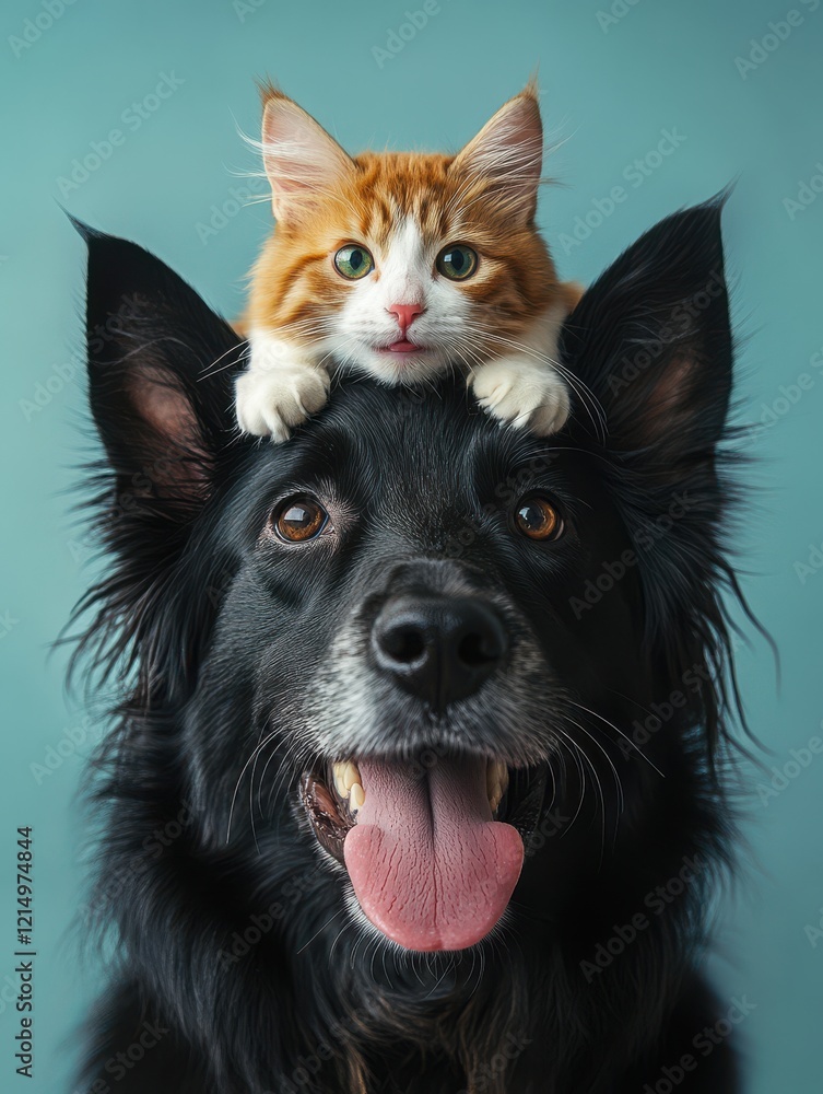 Adorable Cat Sitting on Dog's Head Highlighting Unique Friendship Between Pets in a Playful Portrait Against a Soft Blue Background Adorable Cat Sitting on Dog's Head Highlighting Unique Friendship Between Pets in a Playful Portrait Against a Soft Blue Background