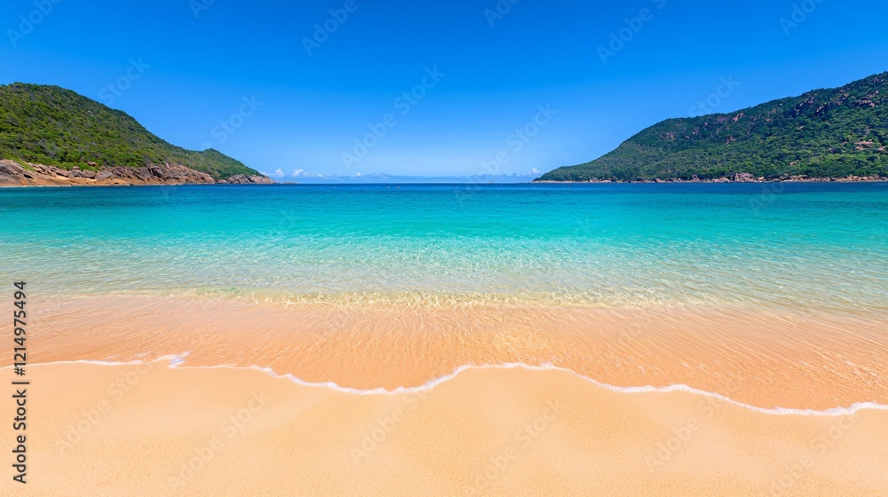 Tranquil beach, turquoise water, sunny day, island background, travel poster Tranquil beach, turquoise water, sunny day, island background, travel poster