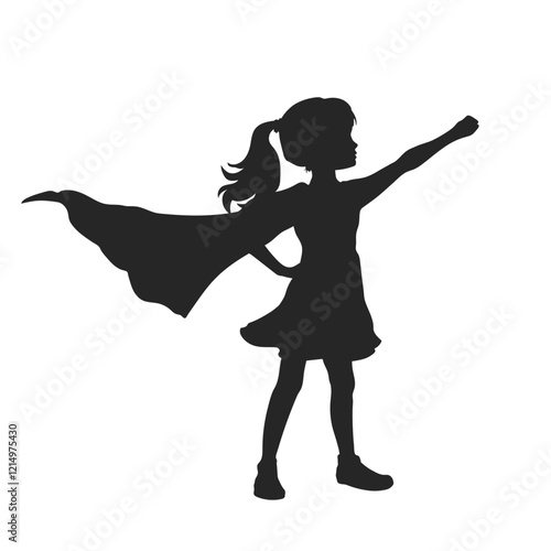 Superhero girl silhouette. Isolated drawing of kid in cloak. Hero child portrait. Leader concept. Brave teenager raised his hand to fly
