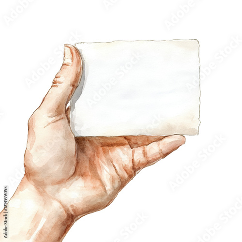 A watercolor painting depicts a hand delicately holding a blank off-white notecard. photo