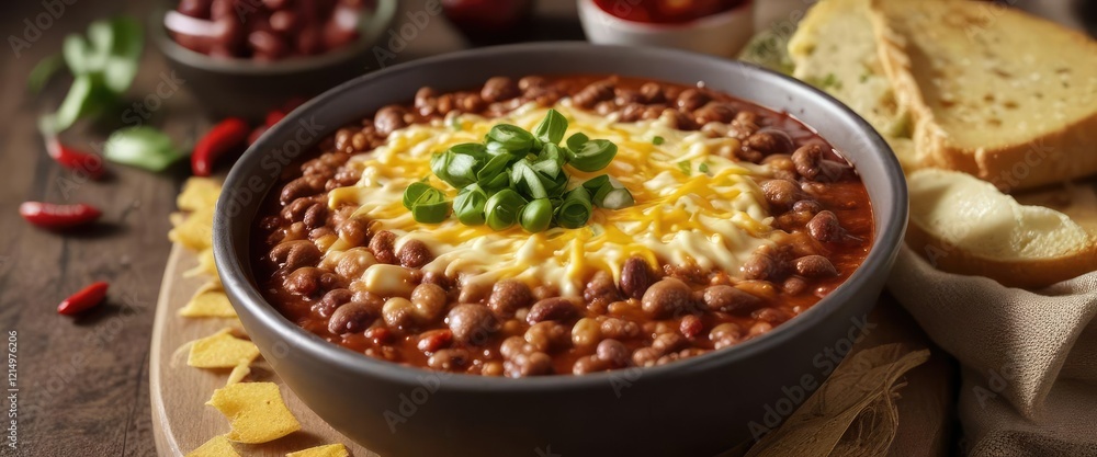 A bowl of chili filled with tender beans and a generous helping of melted cheese , satisfying, indulgent A bowl of chili filled with tender beans and a generous helping of melted cheese , satisfying, indulgent