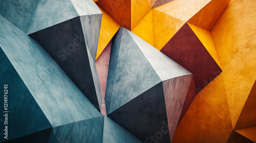 Colorful geometric shapes create an abstract wall design in an urban environment
