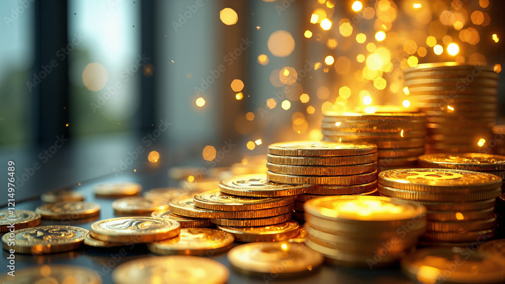 Dynamic Cascade of Golden Coins and Bitcoin in Modern Bank Setting, Ideal for Finance Marketing, Investment Strategies, and Cryptocurrency Education Dynamic Cascade of Golden Coins and Bitcoin in Modern Bank Setting, Ideal for Finance Marketing, Investment Strategies, and Cryptocurrency Education