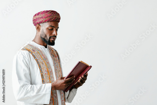 A man in traditional attire reading a book with focus and serenity. isolated on white background. photo