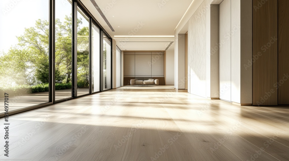 Obraz premium Sunlit modern interior with expansive windows and minimalist design