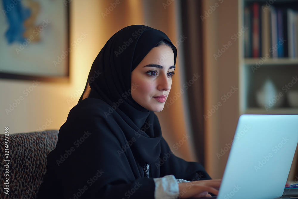 woman wearing a black scarf is sitting in front of a laptop. She is looking at the screen with a serious expression woman wearing a black scarf is sitting in front of a laptop. She is looking at the screen with a serious expression