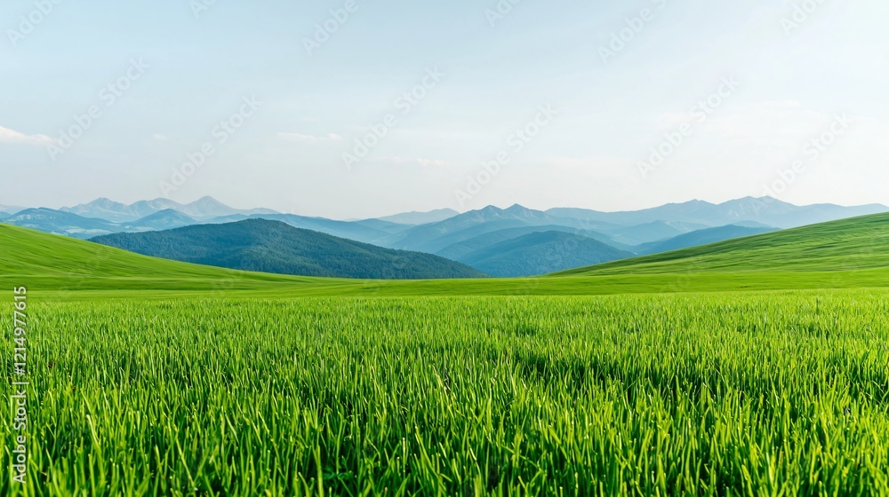 Serene green field, mountain backdrop, summer day, peaceful landscape, nature wallpaper Serene green field, mountain backdrop, summer day, peaceful landscape, nature wallpaper