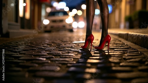 Close-up of red high heels on cobblestone streets at night, illuminated by bokeh city lights in the background