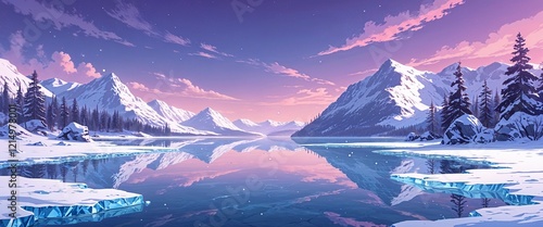 Crystalclear ice lake with soft periwinkle winter sky reflecting over bare snowy terrain illustration background design