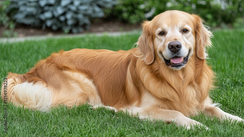 Happy Golden Retriever Relaxing on Green Grass Happy Golden Retriever Relaxing on Green Grass