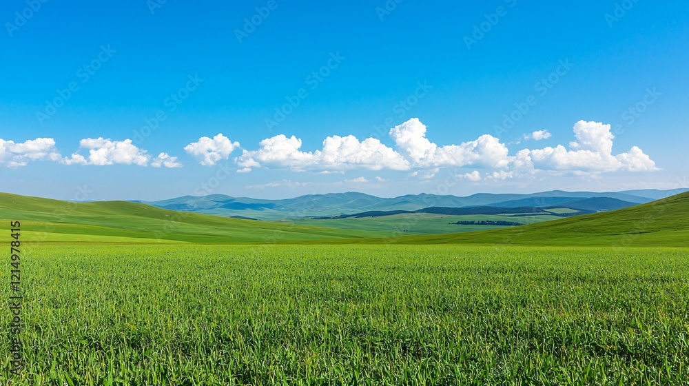 Rolling green hills under a vibrant blue sky with fluffy clouds; idyllic landscape for travel brochures Rolling green hills under a vibrant blue sky with fluffy clouds; idyllic landscape for travel brochures