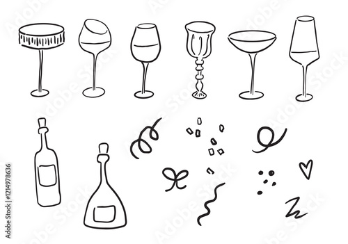 set of vector wine bottles and glasses. hand drawn champagne glasses and bottle. doodle whimsical party glasses on transparent background. cocktail glasses silhouettes clip art