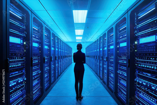 A silhouette of a person in a modern server room illuminated by blue lighting. photo