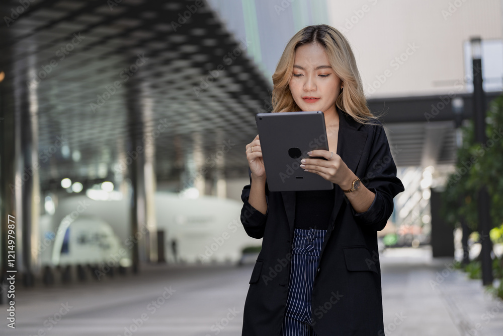 Confident businesswoman holding a tablet and stylus, emphasizing precision and adaptability in a contemporary workspace, blending style and functionality. Confident businesswoman holding a tablet and stylus, emphasizing precision and adaptability in a contemporary workspace, blending style and functionality.
