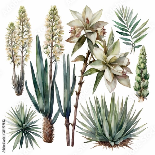 Big set with flowers, twigs and leaves of yucca flowers. Watercolor illustration. This set is well suited for your various projects: creating cards, invitations, wedding design, etc.