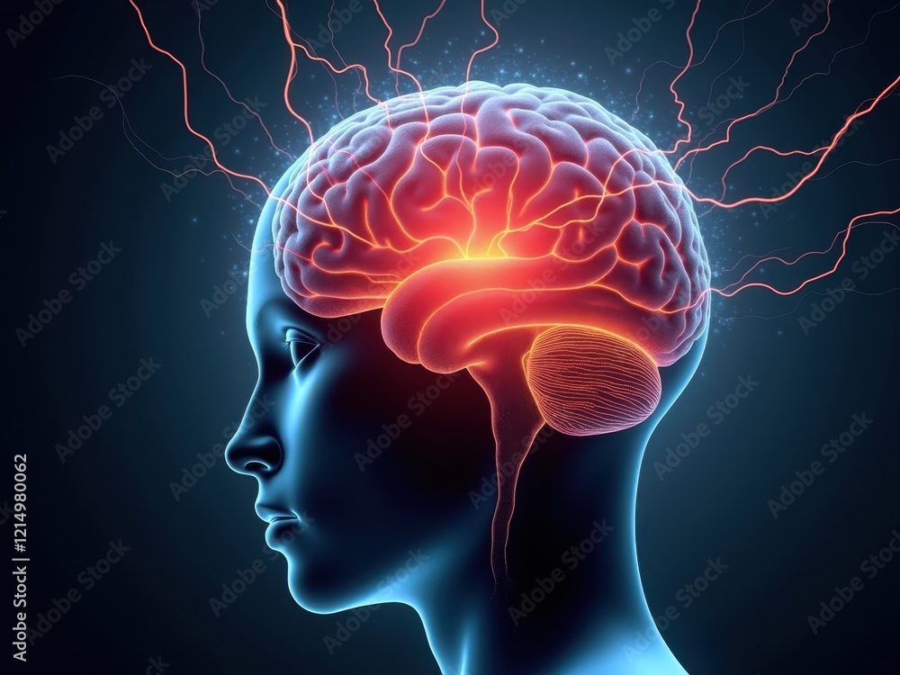 Obraz premium Excited Amygdala infographic illustrating how anxiety affects brain function and activity in a human silhouette