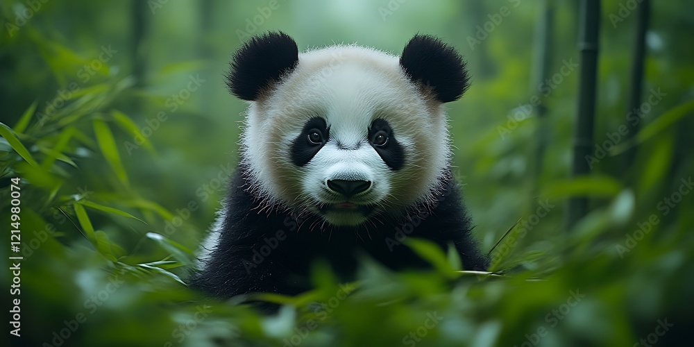 Fototapeta premium Adorable panda cub peering from bamboo forest.
