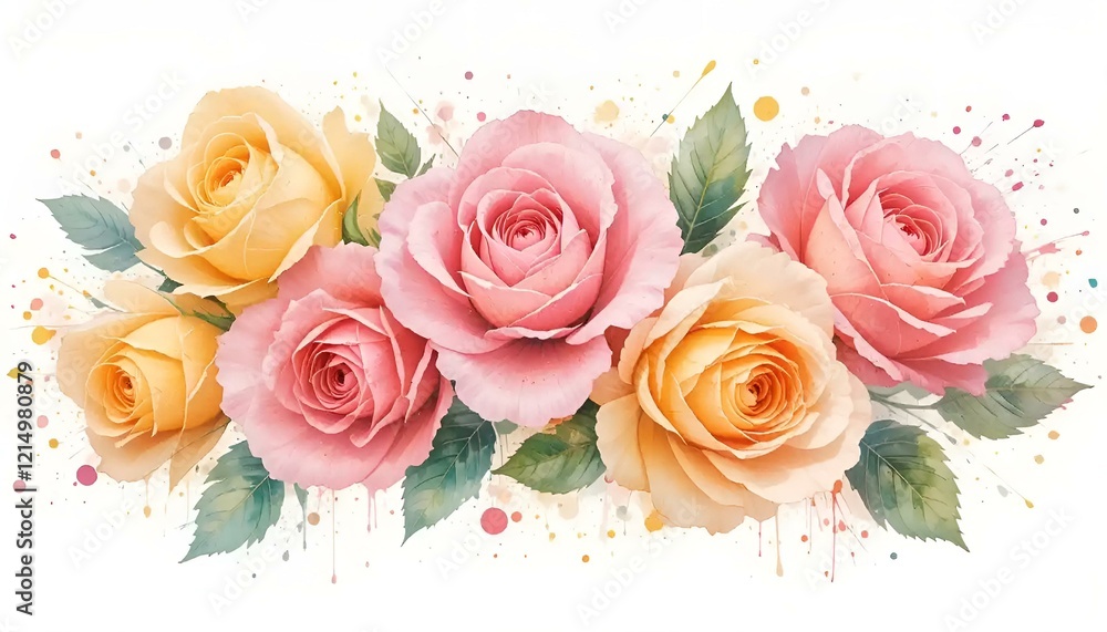 Fototapeta premium Watercolor floral arrangement with pink and yellow roses