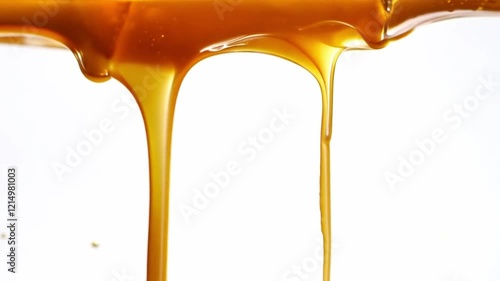 Melted caramel or honey drips seamlessly on a clean white background. Closeup of flowing yellow orange syrup dripping, showcasing confectionery cooking and handmade desserts and candies. Generative AI