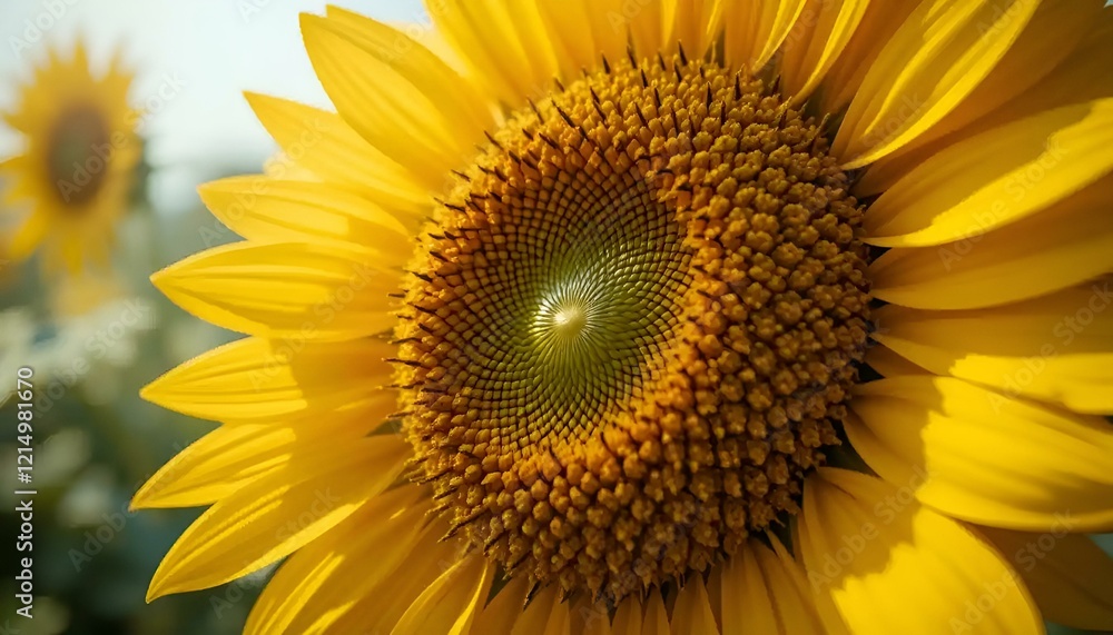Obraz premium Close-up of a vibrant sunflower with detailed center against sunny background