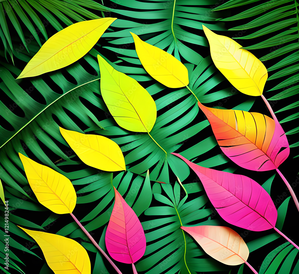 Fototapeta premium close up nature view with green leaves and palm trees background. Flat lay, dark nature concept, tropical leaf.generative ai