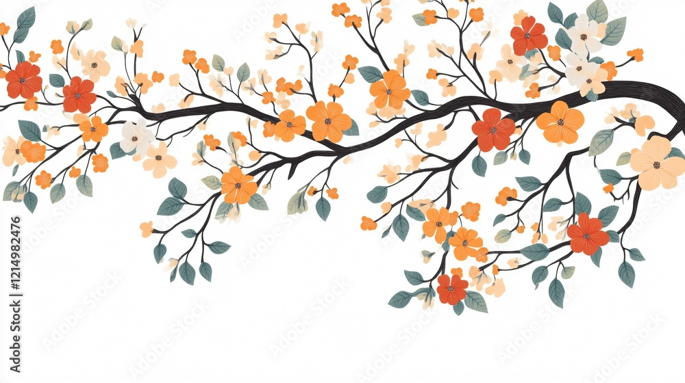 Botanical Branches with Leaves and Flowers Wide Angle Decoration Botanical Branches with Leaves and Flowers Wide Angle Decoration