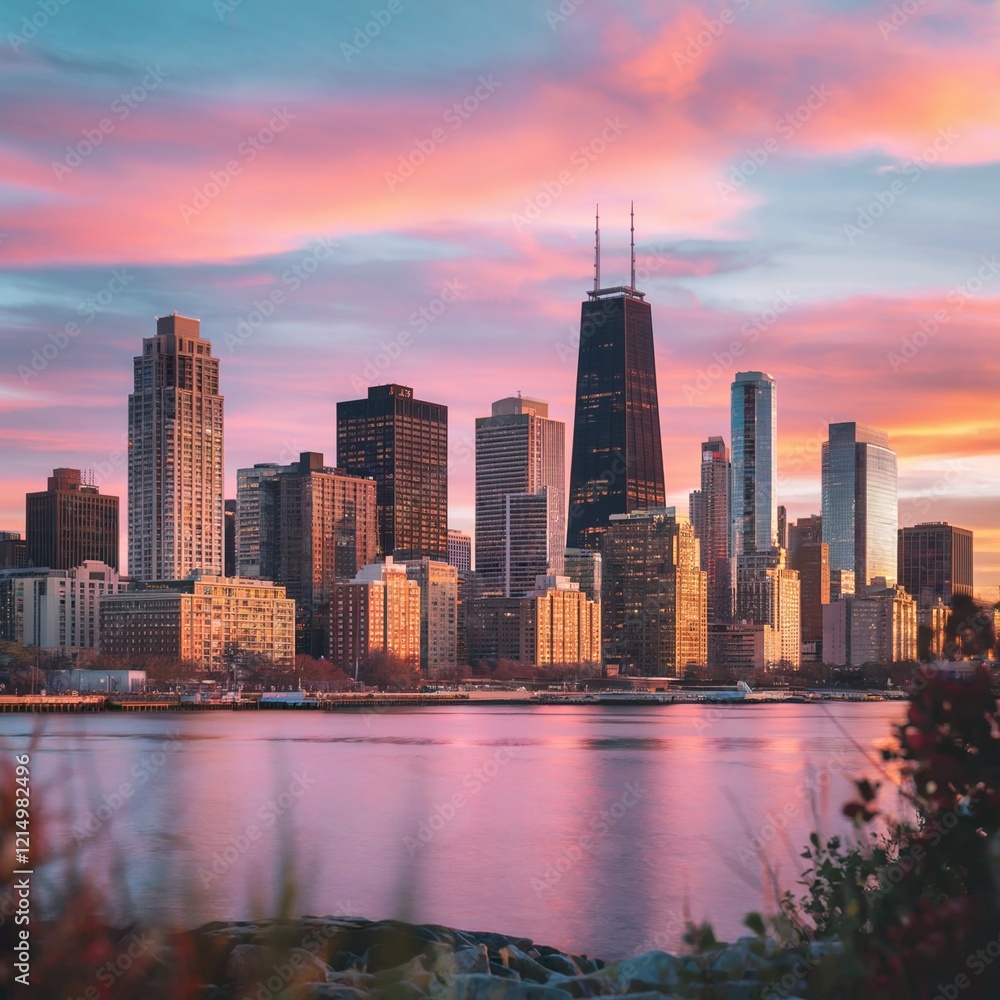 Fototapeta premium Stunning Urban Skyline at Sunset Featuring Towering Skyscrapers Reflected in Calm Water with Colorful Clouds Above in a Vibrant City Setting