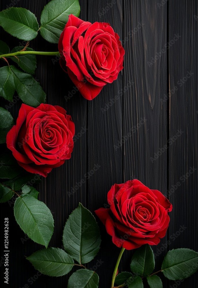 Red Roses Arranged on Dark Wooden Plank Background with Green Leaves Accents Red Roses Arranged on Dark Wooden Plank Background with Green Leaves Accents