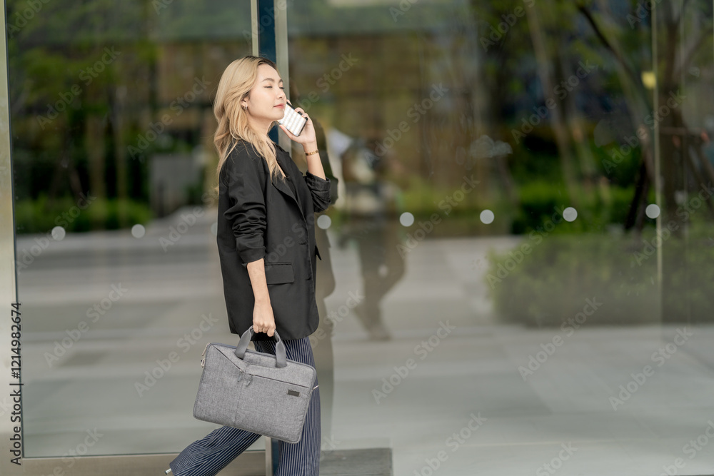 Fototapeta premium Confident businesswoman walking through a modern urban environment with reflective glass buildings, holding a tablet. A dynamic and empowering portrayal of contemporary professional life.