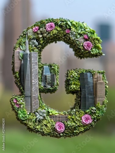 Integrated 3D Letter G Made of Clay, ESG Elements, and Greenery with Urban Background