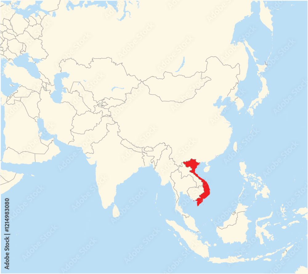 Obraz premium Location Map of the country Vietnam in Asia. The country is highlighted with a red polygon. No labels at all.