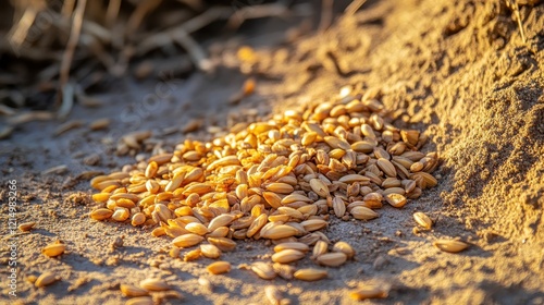 Sunlit Wheat Seeds on Sandy Soil
