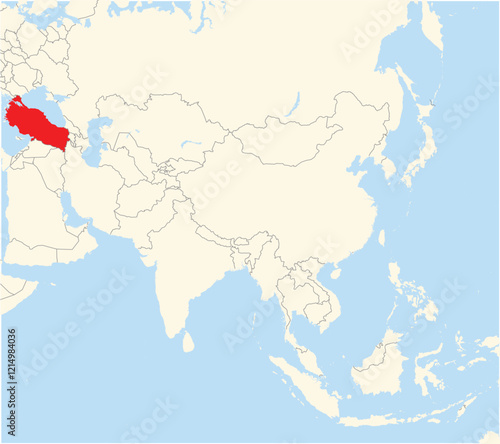 Location Map of the country Turkey in Asia. The country is highlighted with a red polygon. No labels at all.