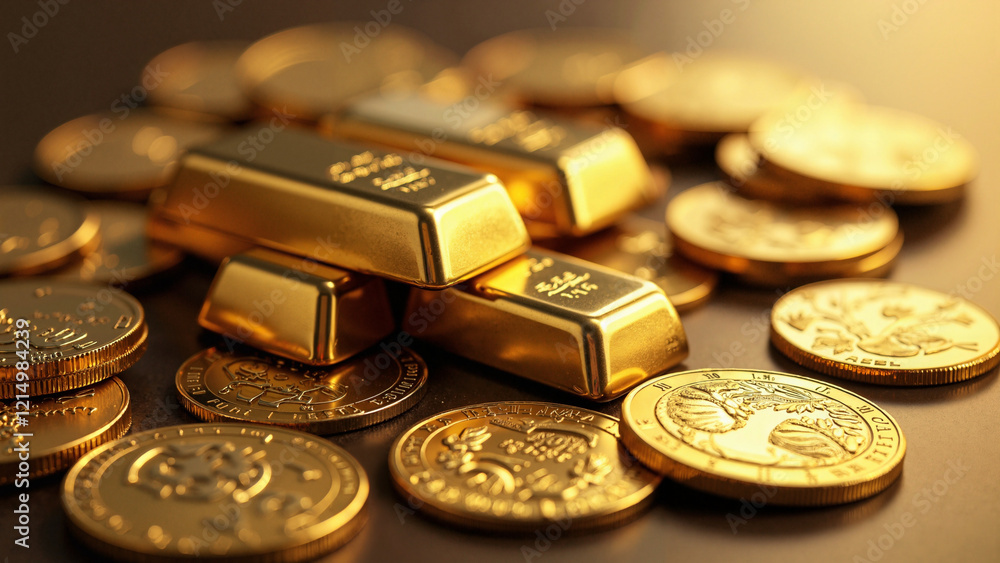 Luxurious Gold Bars and Coins Arrangement for Financial Investment and Wealth Management Marketing Luxurious Gold Bars and Coins Arrangement for Financial Investment and Wealth Management Marketing
