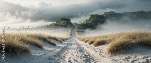 Narrow sandy path disappearing into thick silverwhite mist illustration background design photo