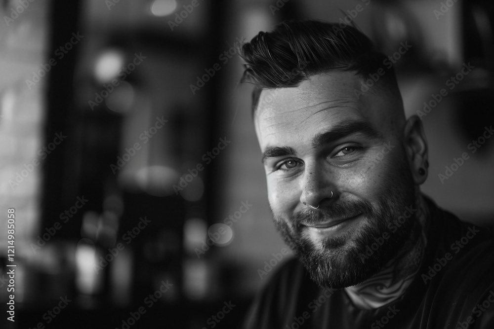 Man smiling with confidence in barber shop, generative ai Man smiling with confidence in barber shop, generative ai
