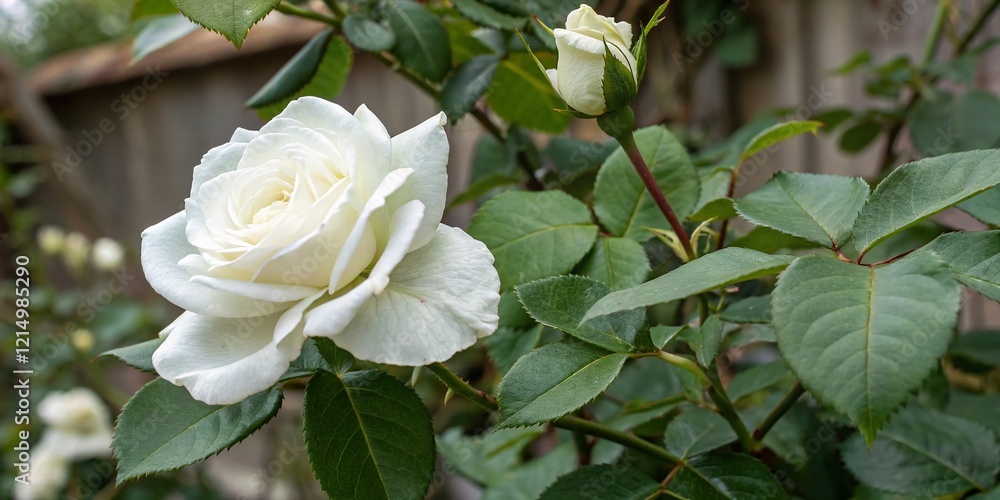 Elegant White Rose Close-up, Rule of Thirds Composition, Soft Light, Blooming Flower Elegant White Rose Close-up, Rule of Thirds Composition, Soft Light, Blooming Flower
