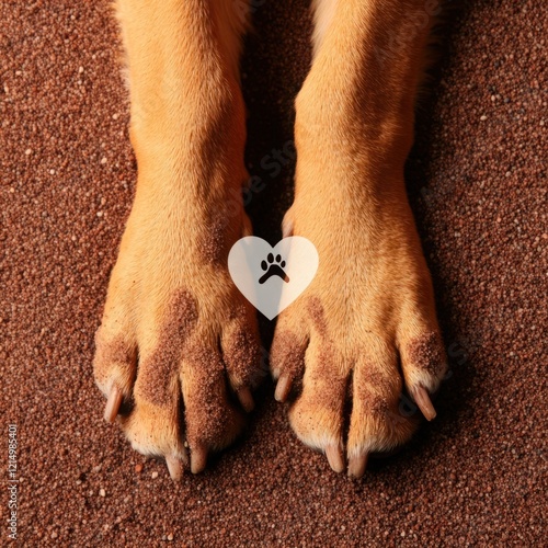 Close-up View of Two Dog Paws on Sandy Surface with Texture and Detail Highlighting the Unique Characteristics of Canine Feet and Claws photo